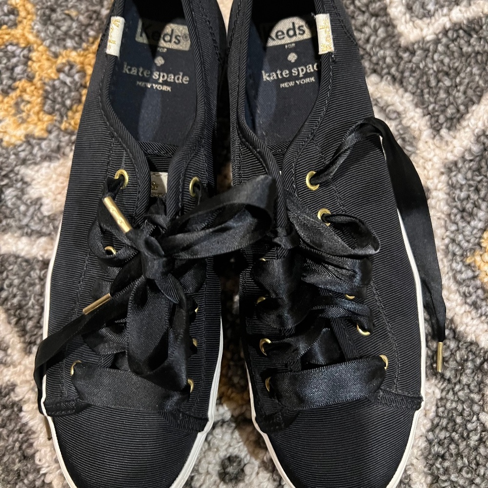 Kate Spade KEDS Black Ribbed Canvas w Satin Ribbon Ties Original Design NWOT